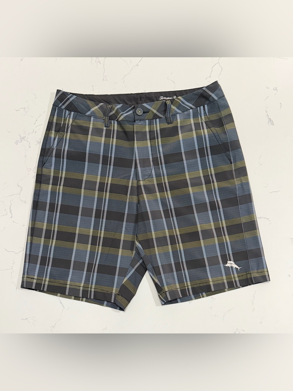 Tommy Bahama Black Plaid Shorts with Blue and Olive Stripes